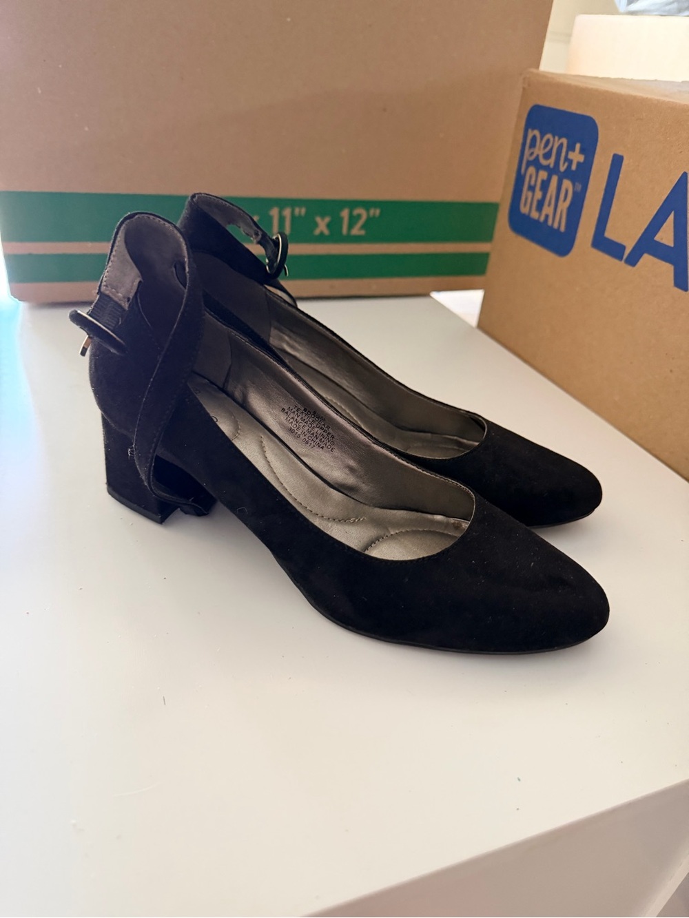 Classic Black Suede Ankle-Strap Block Heels
